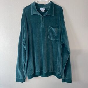 VTG Irvine Park LS Polo Shirt Men XLT Green Velour Cotton Stretch Pullover Disco